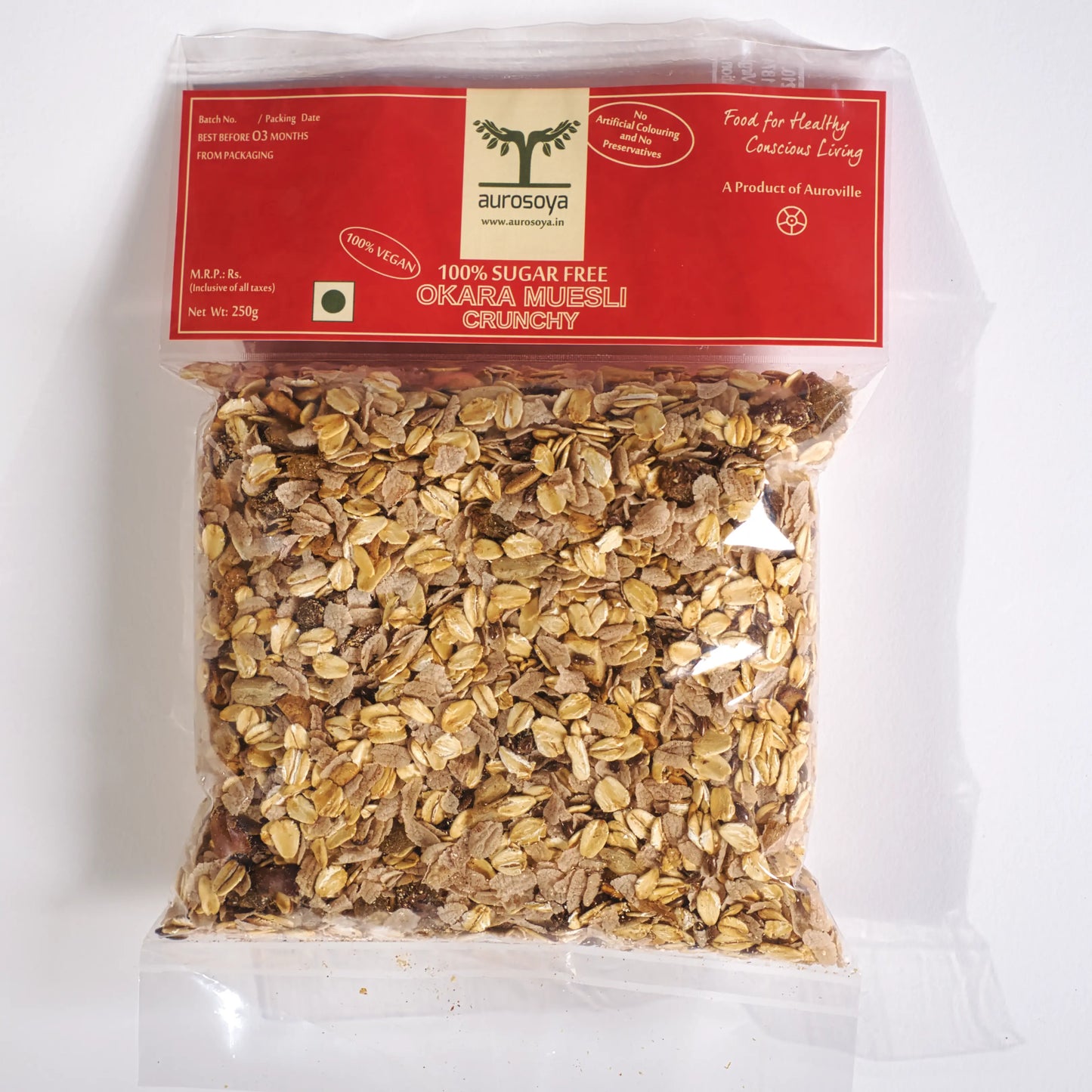 Packaged product with a red label on a white background