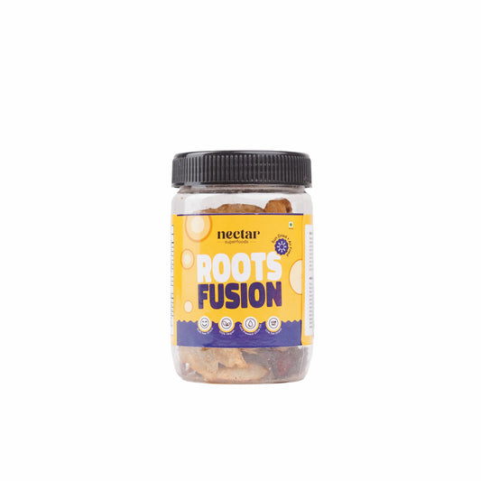Jar of 'Roots Fusion' with a yellow label on a white background