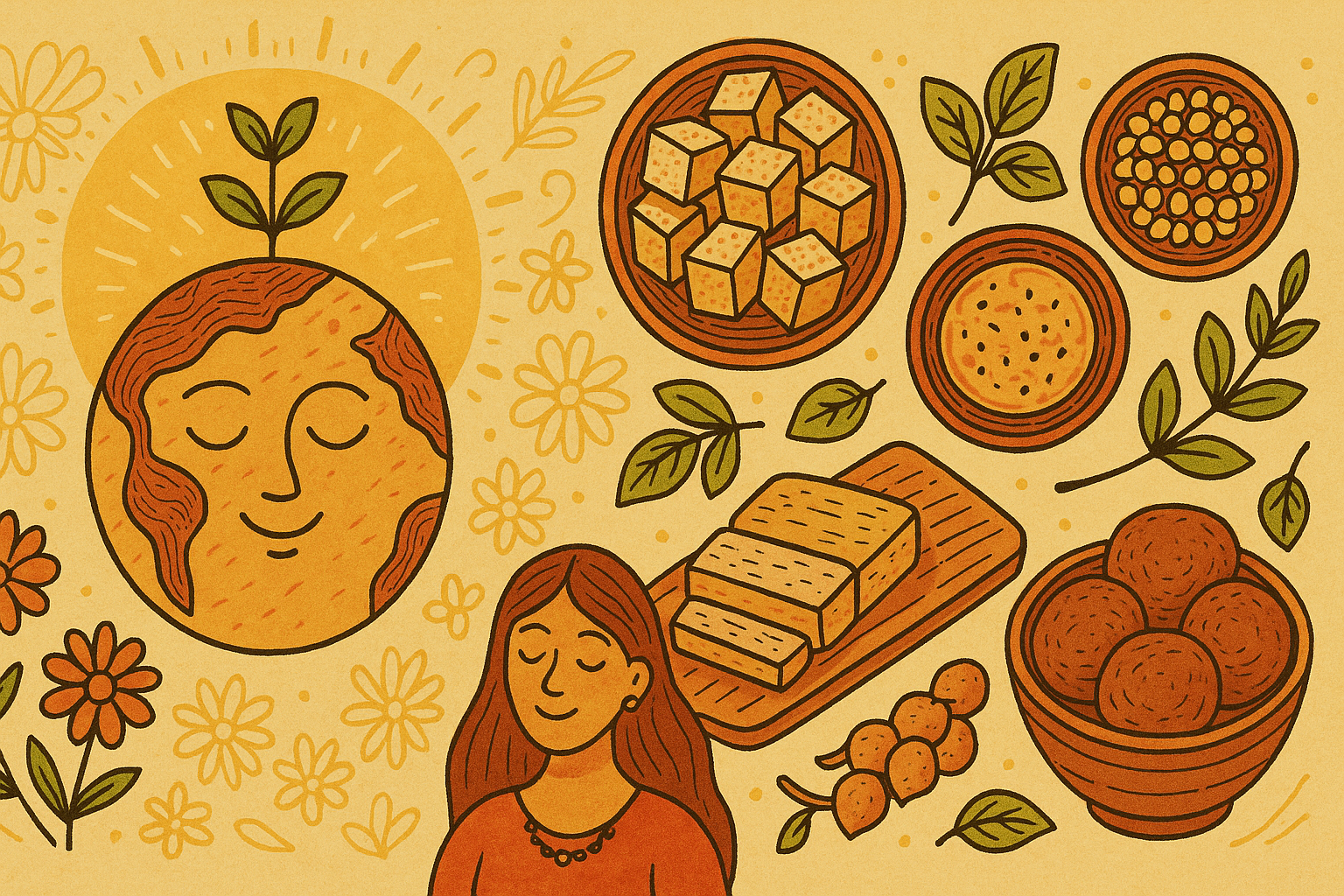 Illustration of a woman with a face made of food items and bowls of food on a beige background.