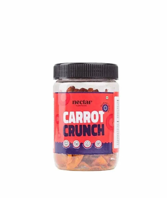 Jar of carrot crunch snack with red label on a white background