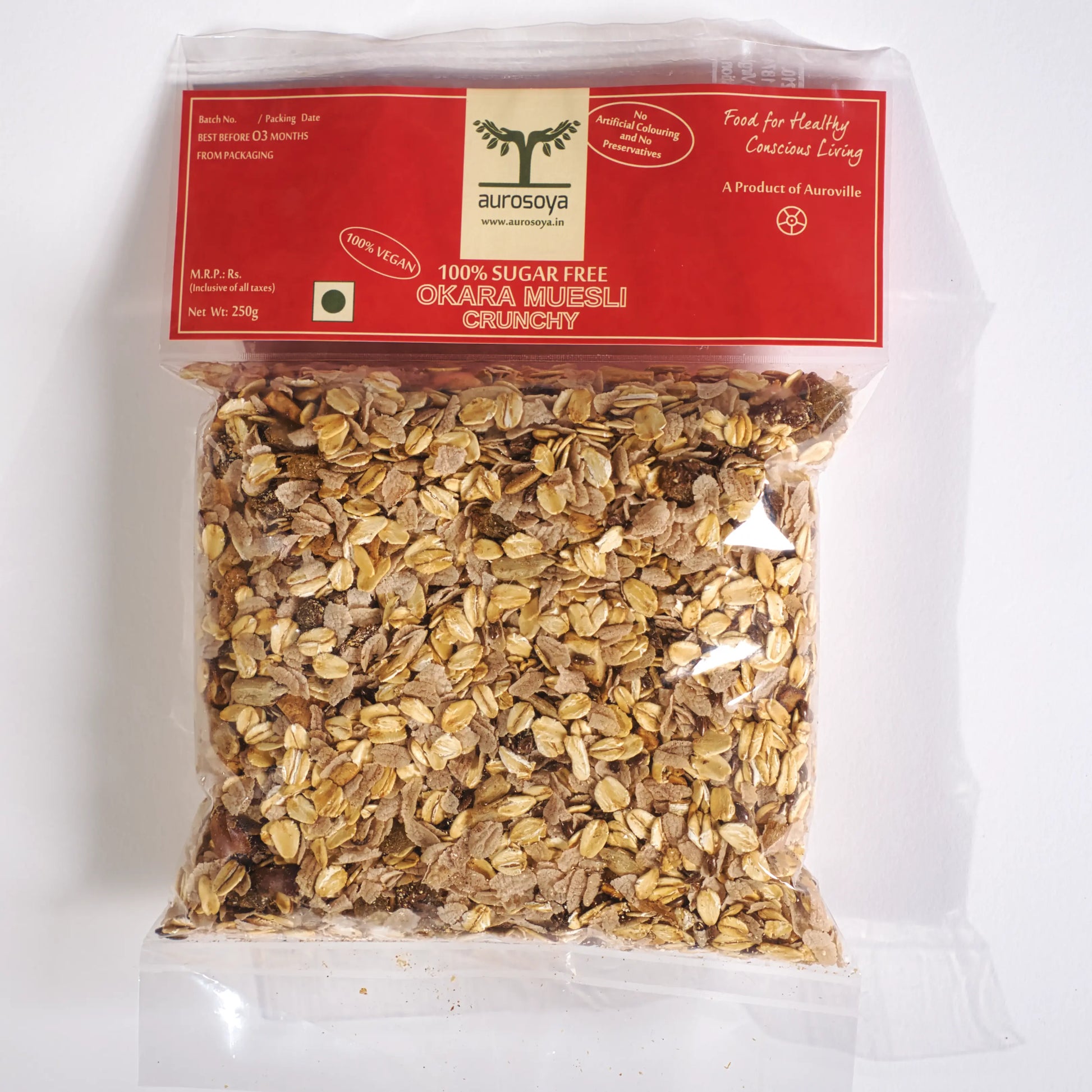 Packaged product with a red label on a white background