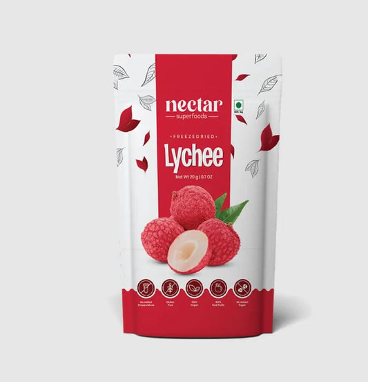 Nectar Superfoods lychee packaging on a white background